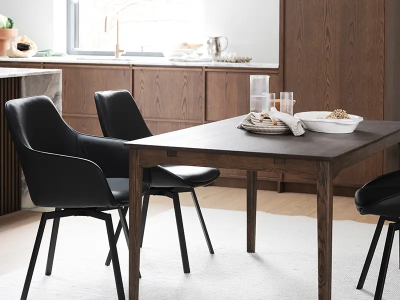 markham dining table in brown oak alison in leather