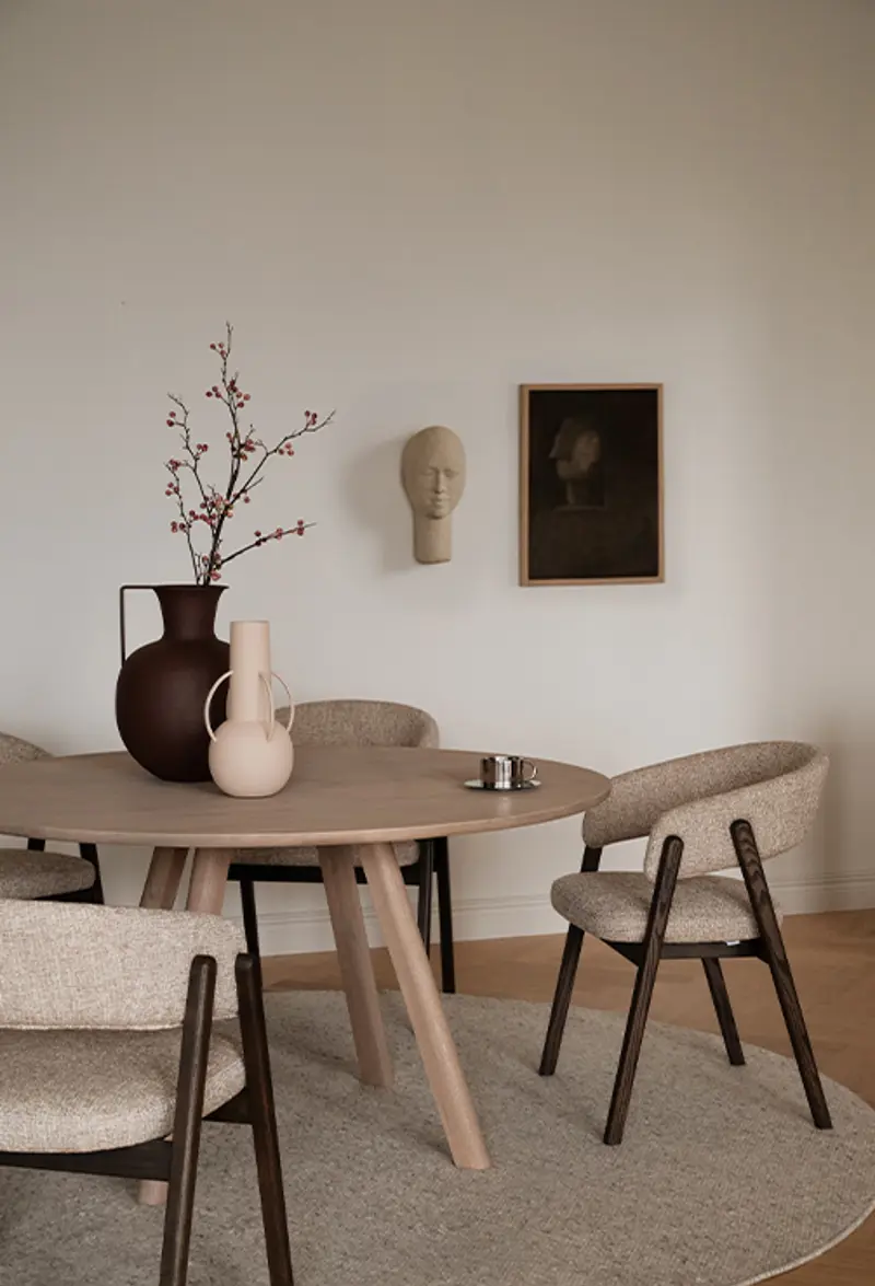 Clapperton sand round dining table barnaby chair brown.