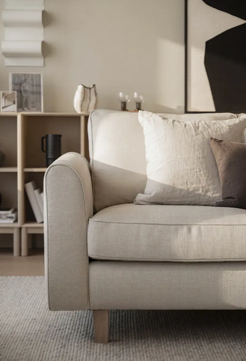 Irvine sofa round edges beige side closeup.