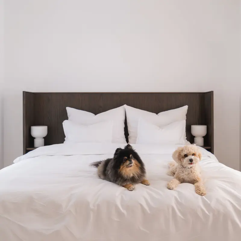 Redmond headboard brown dogs in bed.